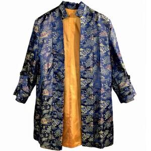 Vtg 50s 60s Chinese Silk Brocade Smoking Jacket Reversible Blue Orange Pagodas M